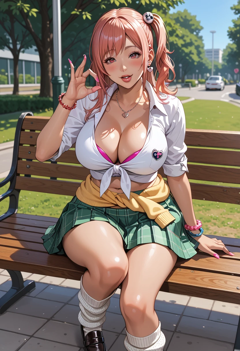 Score_9, score_8_up, score_7_up, score_6_up, source_anime, (honoka\(DOA\)), gyaru, slutty_clothes, sitting on bench, (knee up), cowboy shot, fellatio gesture, heart, 1girl, solo, looking at viewer, blush, parted lips, gyaru, front-tie top, pleated skirt, green skirt, white leg warmers, loose socks, loafers, clothes around waist, bracelet, curvy, voluptuous, large breasts, cleavage, midriff, outdoors, park, on bench, day, tree,