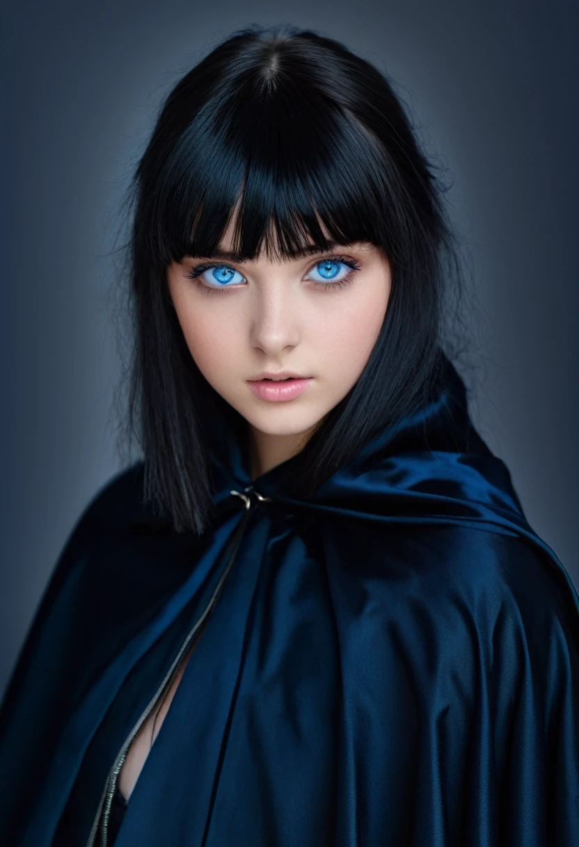 beautiful teenage girl, (German), blue eyes, dark makeup, hyper detailed photography, soft light, head and shoulders portrait, cape, black hair with bangs,