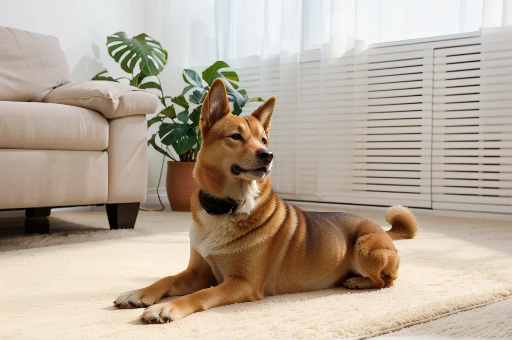 There is a dog lying on the carpet in the living room, soft - Warm, A handsome, amber, Warm, Warmly lit, Pets, A calm mood, Warm features, Designed for comfort and aesthetics!, , Shiba Inu, Panorama, Wide and high angle views, animal, Super smart