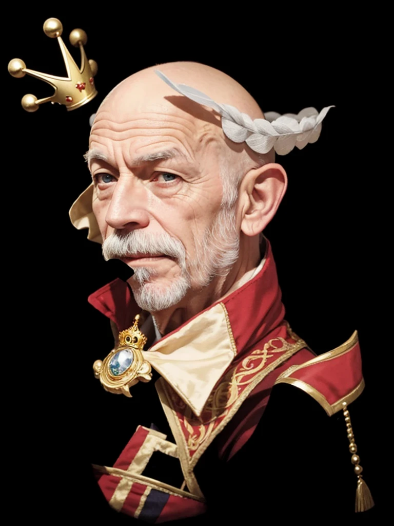 An old bald man, with a small crown on the head, in royal court clothes