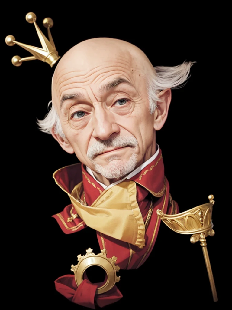 An old bald man, with a small crown on the head, in royal court clothes