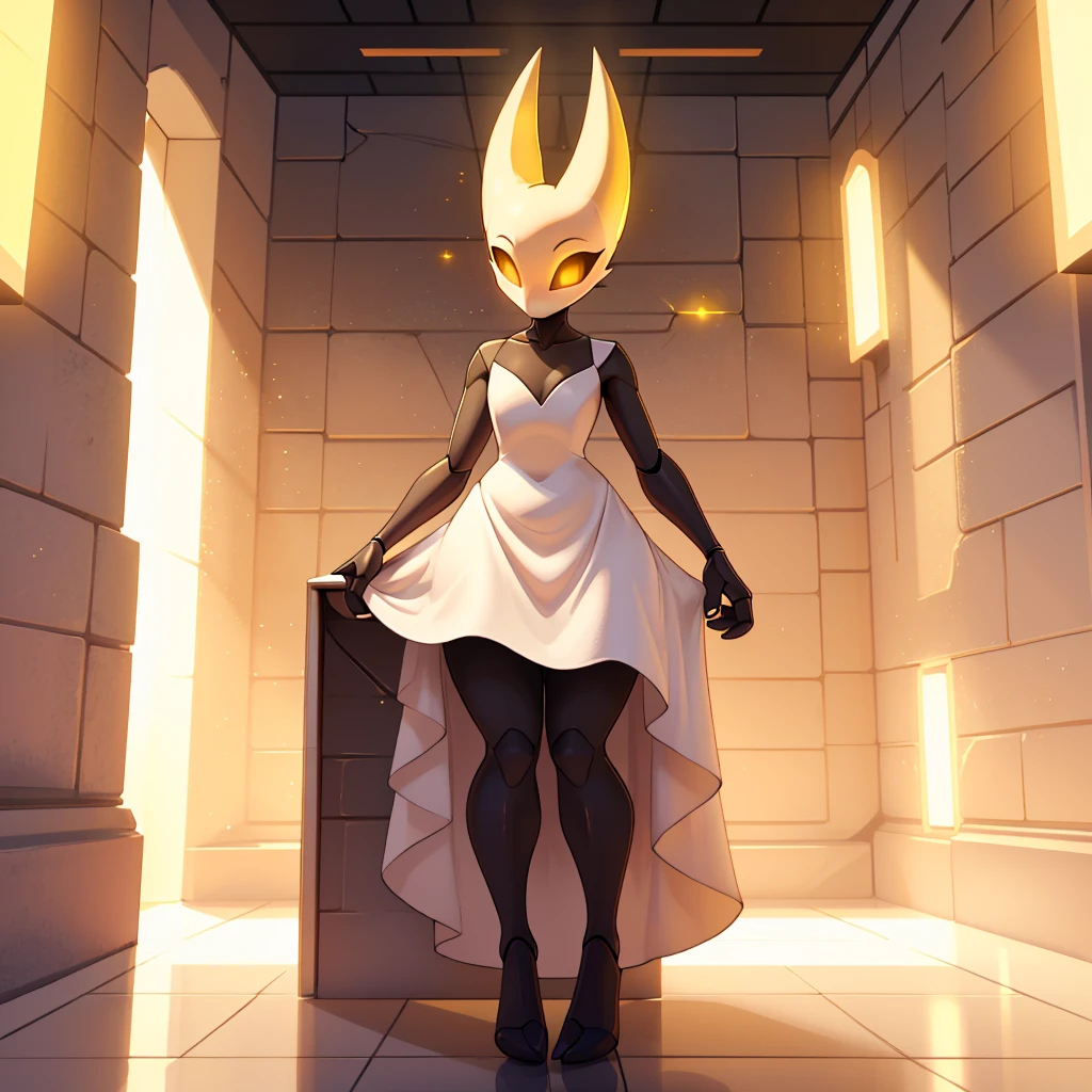 (masterpiece), ((perfect anatomy)), (high Res), (4k), hornet, ((insectoid)), ((segmented body)), ((insect body parts)), (((white head))), 3 fingers(index, middle and thumps), ((((yellow glowing eyes)))), flat chest, wide hips, black body, ((((white head)))), (((white full body royal dress)), (((solo))), narrow waist, (cute artstyle), ((mind controlled)), ((brainwashed)), (no emotions), standing inside a white throne room