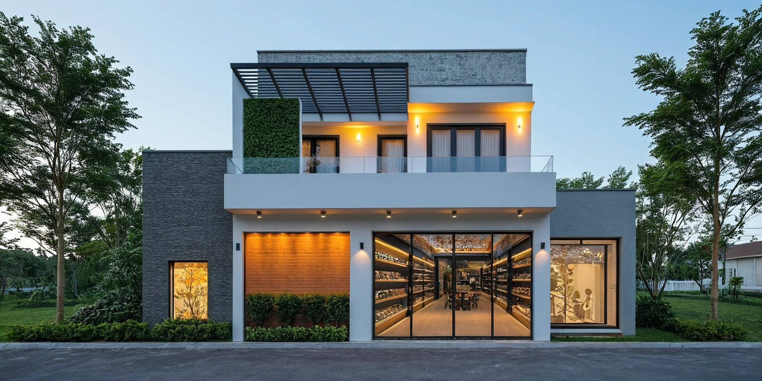 a rendering of a store front with a store front and a store front, high detailed store, modern lush condo as shopfront, frontview, front elevation view, overall architectural design, front perspective, realistic concept, exterior design, residential design, highly rendered!!, 3/4 view realistic, concept house, detailed rendering, inter dimensional villa, front-view