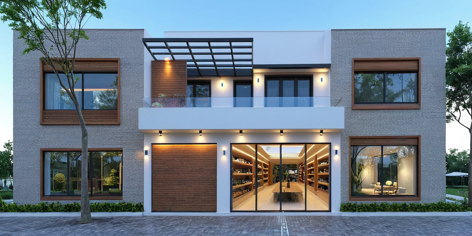 a rendering of a store front with a store front and a store front, high detailed store, modern lush condo as shopfront, frontview, front elevation view, overall architectural design, front perspective, realistic concept, exterior design, residential design, highly rendered!!, 3/4 view realistic, concept house, detailed rendering, inter dimensional villa, front-view