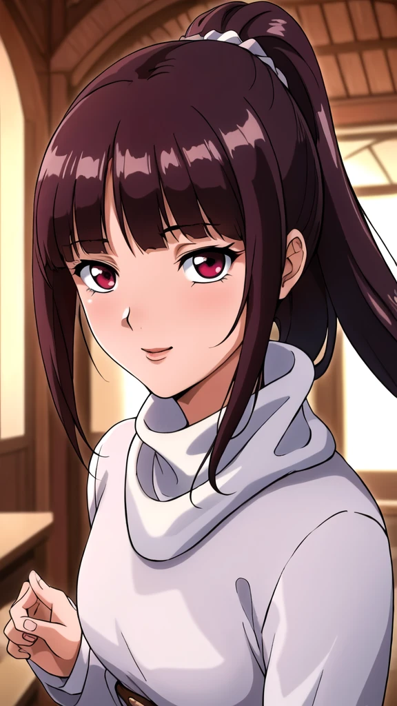 white turtleneck, black pencil shirt,black long skirt,white belt,hair ornament, hair scrunchie,low ponytail,
long hair,bangs, brunette, black hair, blunt bangs,big red eyes,alone, 1 girl,Young female, 18 years old, very cute, smile, Beautiful Finger,Beautiful long legs,Beautiful body,Beautiful Nose,Beautiful character design, perfect eyes, perfect face,expressive eyes, looking at viewer, in the center of the image,(light smile:0.5), official art, indoor, portrait, perfect lighting,Colorful, Bright_Front_face_Lighting,shiny skin, (masterpiece:1.0),(best quality:1.0), ultra high res,4K,ultra-detailed, photography, 8K, HDR, highres, absurdres:1.2, Kodak portra 400, film grain, blurry background, bokeh:1.2, lens flare, (vibrant_color:1.2), (beautiful face), (curvy body), ashamed, blushing, glossy lip rouge, glossy crimson rouge, jealousy, SFW, seductive, charming,(attractive,enchanting,fascinating,captivating,bewitching,enthralling,entrancing,attractive,gripping,engrossing)