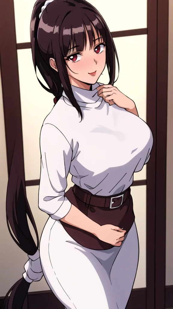 white turtleneck, black pencil shirt,black long skirt,white belt,hair ornament, hair scrunchie,low ponytail,
long hair,bangs, brunette, black hair, blunt bangs,big red eyes,alone, 1 girl,Young female, 18 years old, very cute, smile, Beautiful Finger,Beautiful long legs,Beautiful body,Beautiful Nose,Beautiful character design, perfect eyes, perfect face,expressive eyes, looking at viewer, in the center of the image,(light smile:0.5), official art, indoor, portrait, perfect lighting,Colorful, Bright_Front_face_Lighting,shiny skin, (masterpiece:1.0),(best quality:1.0), ultra high res,4K,ultra-detailed, photography, 8K, HDR, highres, absurdres:1.2, Kodak portra 400, film grain, blurry background, bokeh:1.2, lens flare, (vibrant_color:1.2), (beautiful face), (curvy body), ashamed, blushing, glossy lip rouge, glossy crimson rouge, jealousy, SFW, seductive, charming,(attractive,enchanting,fascinating,captivating,bewitching,enthralling,entrancing,attractive,gripping,engrossing)