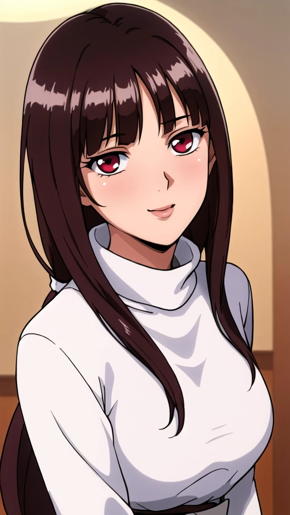 white turtleneck, black pencil shirt,black long skirt,white belt,hair ornament, hair scrunchie,low ponytail,
long hair,bangs, brunette, black hair, blunt bangs,big red eyes,alone, 1 girl,Young female, 18 years old, very cute, smile, Beautiful Finger,Beautiful long legs,Beautiful body,Beautiful Nose,Beautiful character design, perfect eyes, perfect face,expressive eyes, looking at viewer, in the center of the image,(light smile:0.5), official art, indoor, portrait, perfect lighting,Colorful, Bright_Front_face_Lighting,shiny skin, (masterpiece:1.0),(best quality:1.0), ultra high res,4K,ultra-detailed, photography, 8K, HDR, highres, absurdres:1.2, Kodak portra 400, film grain, blurry background, bokeh:1.2, lens flare, (vibrant_color:1.2), (beautiful face), (curvy body), ashamed, blushing, glossy lip rouge, glossy crimson rouge, jealousy, SFW, seductive, charming,(attractive,enchanting,fascinating,captivating,bewitching,enthralling,entrancing,attractive,gripping,engrossing)
