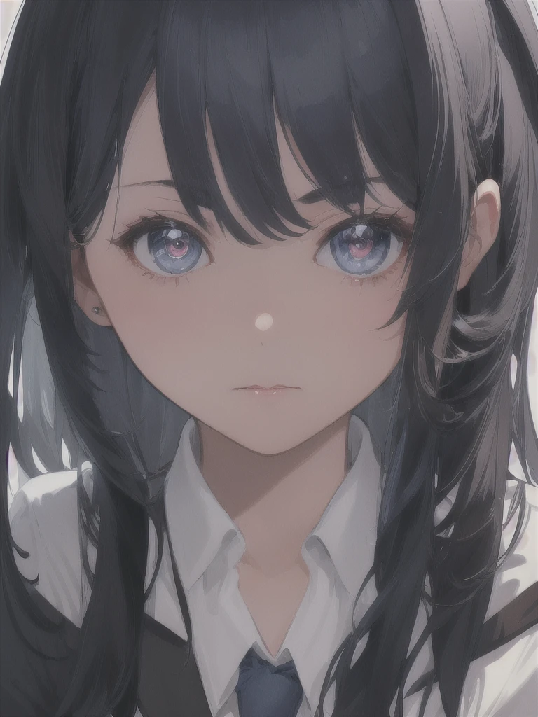masterpiece, best quality, ultra-detailed, illustration, close-up, straight on, emotionless face, female, fluffy dark blue hair, black eyes, fluffy long hair, wearing a office suit, a 22 years old girl, blank background, hide hands.