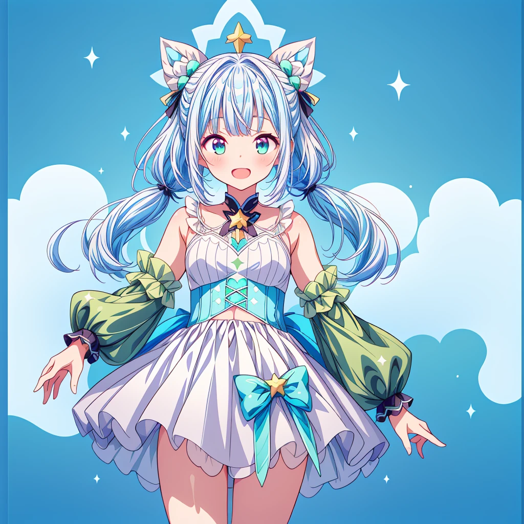 1girl、Star Fairy、Star incarnation、Character design front view、A picture facing the viewer、(((Super detailed、Highest quality、Masterpiece)))、Original cute hairstyle、Milky white and blue hair color、Simple Green Background、vtuber-fullbody,Original cute clothes in jet black and magenta、