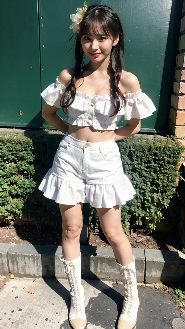 (8k、RAW Photos、Highest quality、masterpiece:1.2)、(Highest quality、Realistic)、1 Girl、((Frills、Lace Material、Twin tails、High 、Tube top、mini skirt、leather、Off the shoulder、Idol Costume、ribbon、See-through、Thin legs、whole body、boots、garden、View from the front、Looking into the camera、Stand with hands on hips))、cute