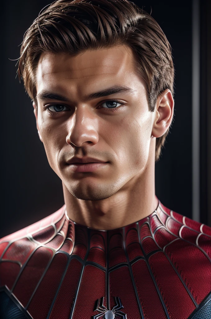 A photograph of spider man, no mask, 20 yo, handsome, detailed face, looking at camera, portrait, 8k uhd, high quality