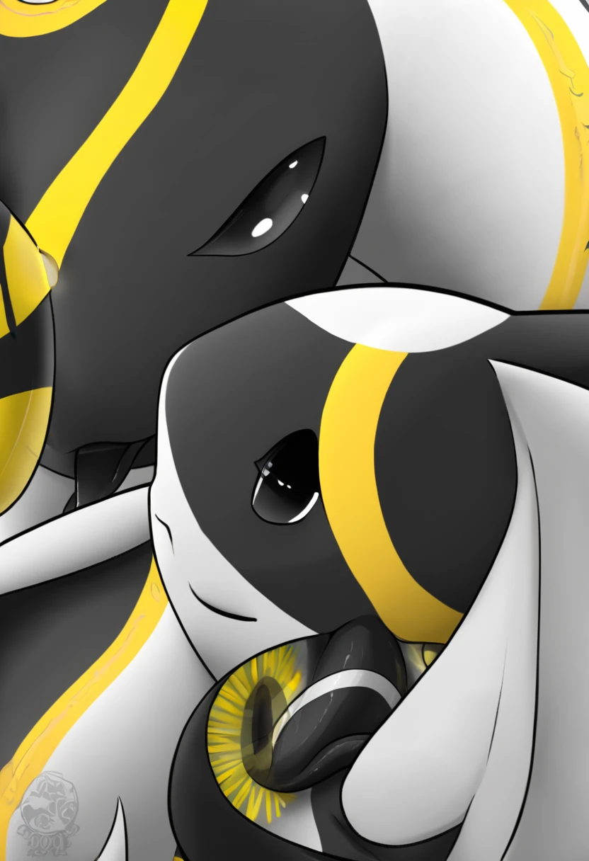 Avali with bright black and white plumage and pronounced yellow stripes, who share "territory" black and white, and also with the upper pair of ears raised up and with a black tongue, which is more similar to the thickened tongue of a snake and black eyes with yellow hollow circles in the middle of the eye...