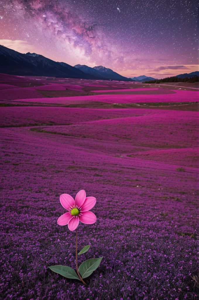 Make a sad pink flower, in a flat valley, at night, with depressive colors
