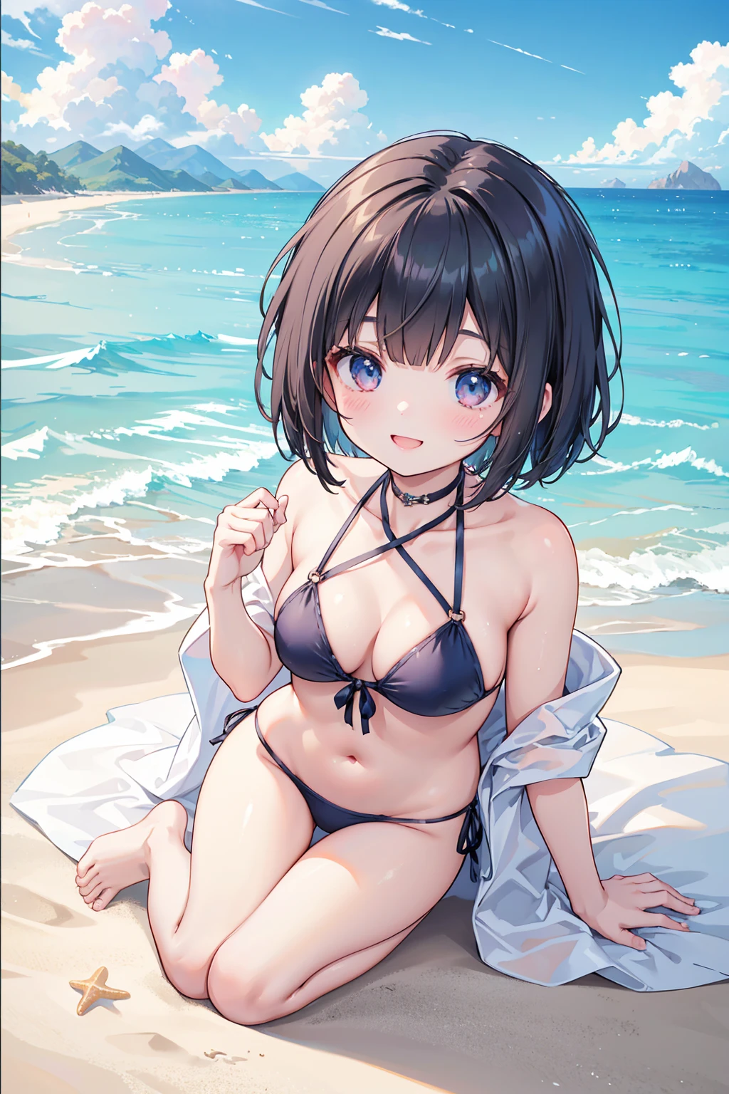 Photorealistic、Highest quality、Highest Resolution、Highest quality、8K、One beautiful woman、cute、Bob Cut Hair、Dark Hair Color、Beautiful 、Halterneck bikini、Beautiful sea、Beautiful beaches、looks fun、Frolic with a smile、