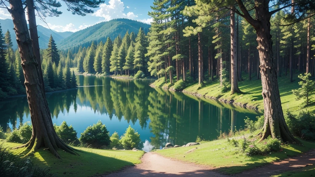 anime style,a scene of a forest with different trees,with lakes