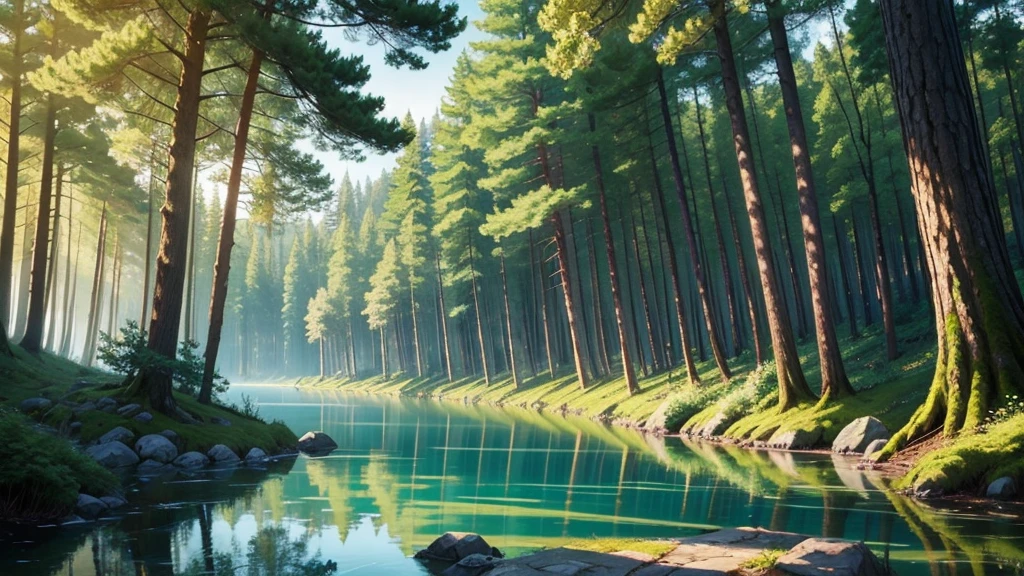 anime style,a scene of a forest with different trees,with lakes