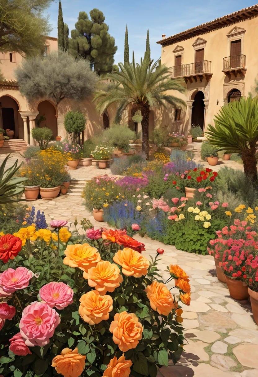 wide angle view 1 diverse species, color and size flowers in a spanish musulman garden STYLE: in leng_jun+roberto_ferri art style, A mixture of photography and painting, 1800´s style view from the front Image