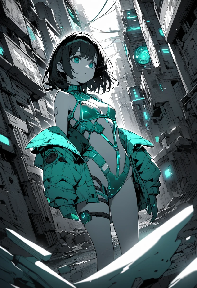Monochrome Tiffany Blue, Highest quality, Super Fine, 16K, Unbelievably absurd, Very detailed, delicate and dynamic, pretty girl, Three-dimensional effect expressed through light and shadow, Eye-catching effect, modern art,
Monochrome Tiffany Blue, Highest quality, Super Fine, 16K, Unbelievably absurd, Very detailed, delicate and dynamic, pretty girl, Three-dimensional effect expressed through light and shadow,Low - Angle、 Emerald green eyes、Part of the clothing is see-through、Cinematic angles、optical fiber、Connected Cord、Illuminated parts See-through parts、Cyberpunk cityscape, young woman with long black hair wearing an emerald green powered exosuit, standing in a contemplative pose amidst the neon-lit ruins, textured digital art with muted tones and subtle ambient noise, detailed and intricate illustration, dystopian and gritty yet beautiful, a glimmer of hope in the decay,Fish Girl in Sci-fi translucent mechanical bikini ++,The bikini is see-through and sparkly