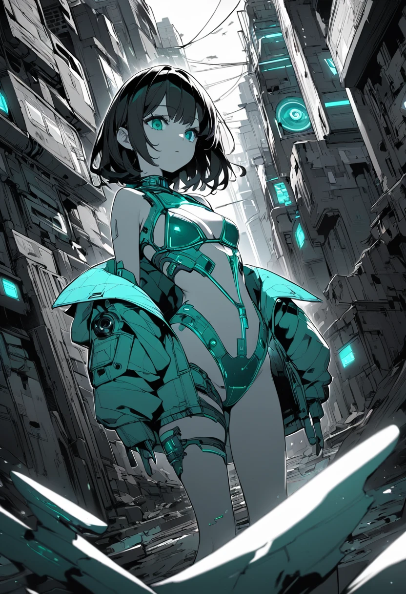 Monochrome Tiffany Blue, Highest quality, Super Fine, 16K, Unbelievably absurd, Very detailed, delicate and dynamic, pretty girl, Three-dimensional effect expressed through light and shadow, Eye-catching effect, modern art,
Monochrome Tiffany Blue, Highest quality, Super Fine, 16K, Unbelievably absurd, Very detailed, delicate and dynamic, pretty girl, Three-dimensional effect expressed through light and shadow,Low - Angle、 Emerald green eyes、Part of the clothing is see-through、Cinematic angles、optical fiber、Connected Cord、Illuminated parts See-through parts、Cyberpunk cityscape, young woman with long black hair wearing an emerald green powered exosuit, standing in a contemplative pose amidst the neon-lit ruins, textured digital art with muted tones and subtle ambient noise, detailed and intricate illustration, dystopian and gritty yet beautiful, a glimmer of hope in the decay,Fish Girl in Sci-fi translucent mechanical bikini ++,The bikini is see-through and sparkly