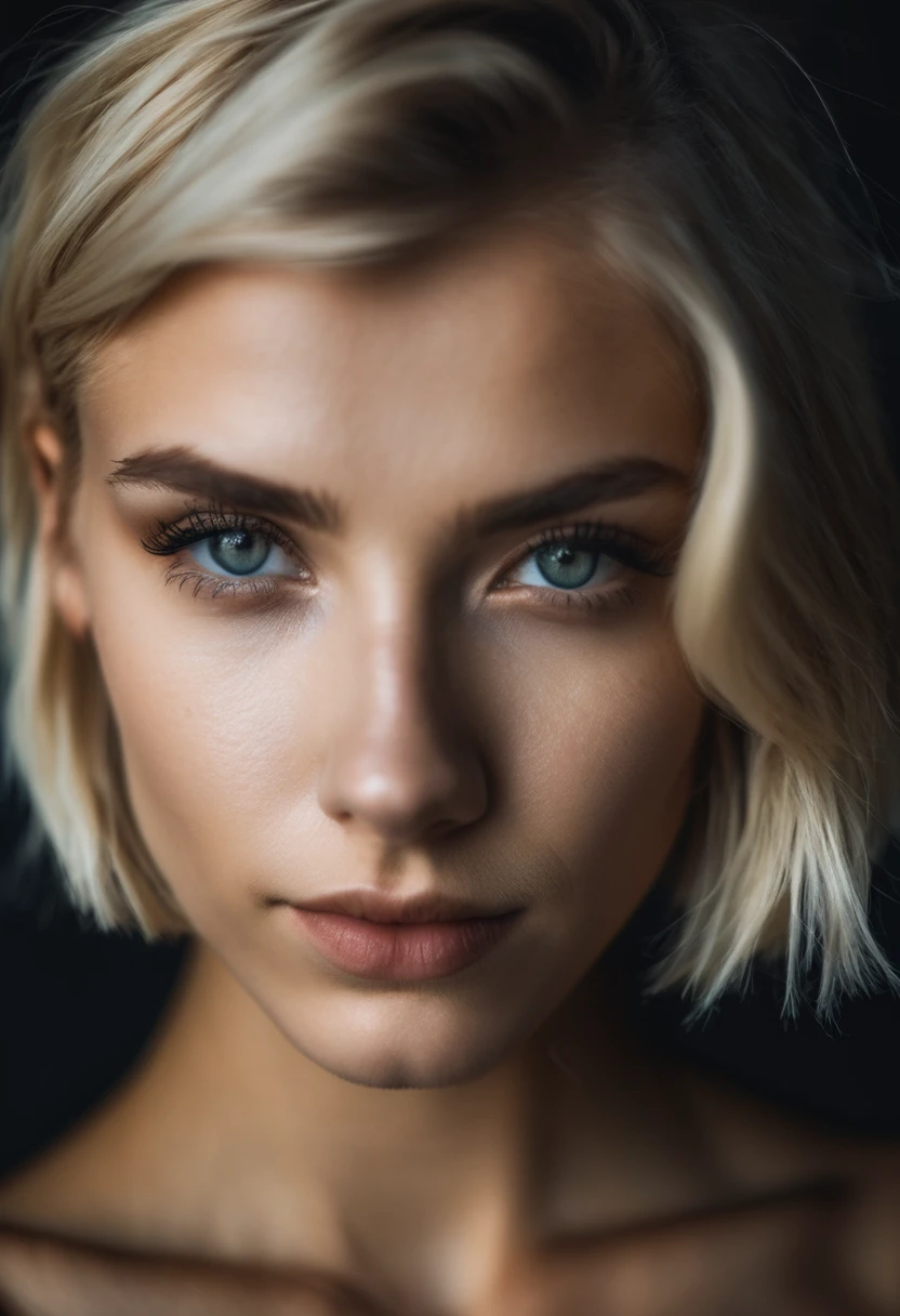 dark shot, photo of cute 24 y.o blonde woman, perfect eyes, skin moles, short hair, looks at viewer, cinematic shot, hard shadows