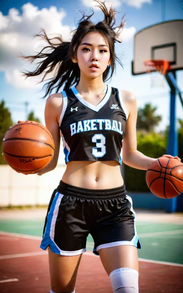 huge breasts, (8k, best quality, masterpiece:1.2), (realistic, photo-realistic:1.37), ultra-detailed,best quality, ultra high res, professional lighting, photon mapping, radiosity, physically-based rendering, cinematic lighting, basketball court,depth of field, sharp focus,sunbeam, good composition,(bokeh:1.2) 1girl,solo,(full body), (closed mouth),beautiful detailed eyes, pose, narrow waist,basketball uniform, black hair,messy hair,long hair floating in wind,(ulzzang-6500:1.2), mix4, hiqcgbody, big nice firm tits