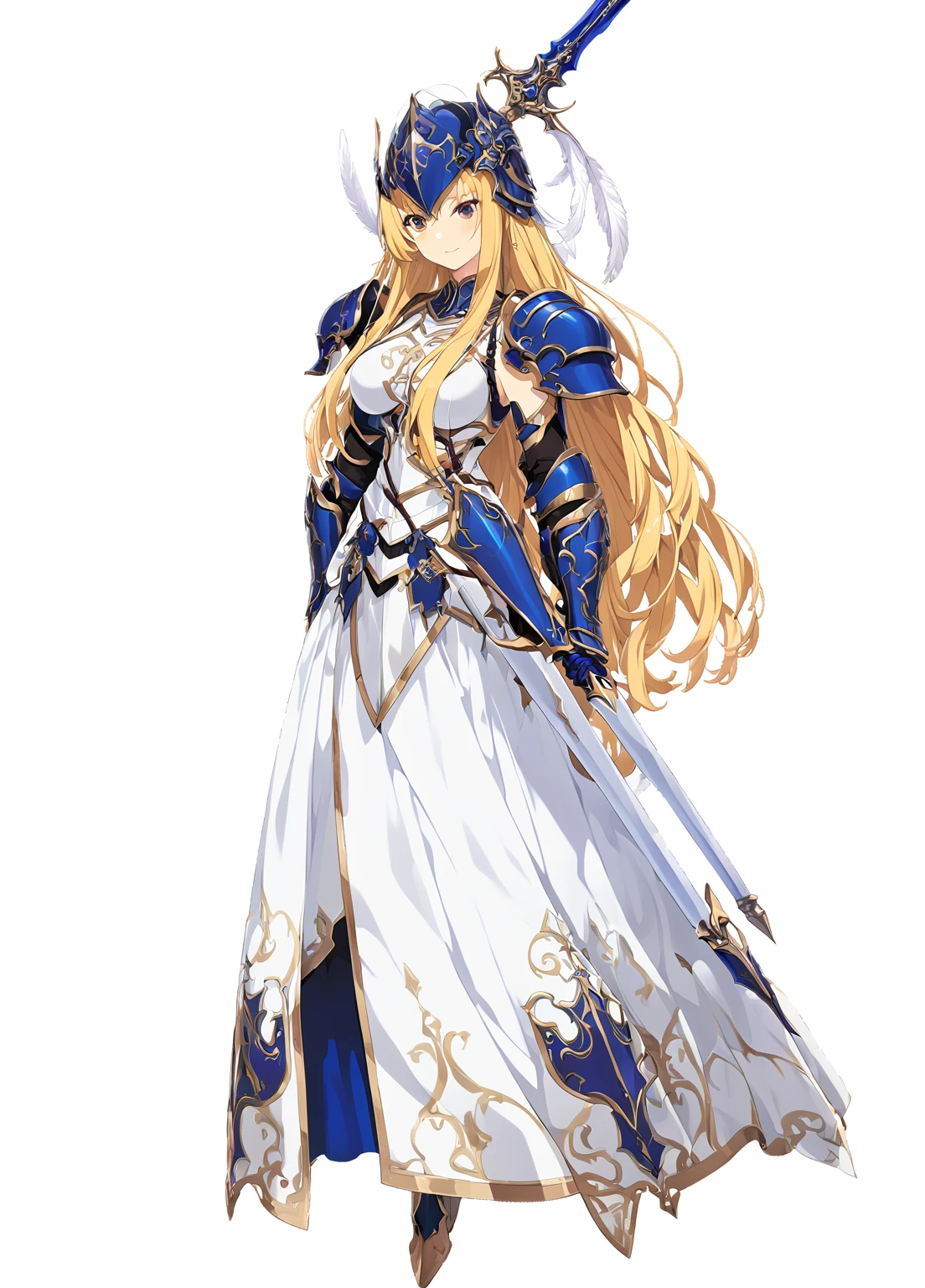 high quality, high resolution, high qualityのゲームアートスタイル, whole body,Valkyrie,perfect hand,Official Art, Smooth game CG art, Visual Novel Sprites, White background,Smooth game CG art, (((Woman with a long spear))),Woman wearing a white dress and blue armor, An intricately designed helmet with white feathers,Small shield, (((In his right hand he holds an elaborate long spear))),Exquisite Blue Armor,Golden Hair, long hair, female knight, Rin々Shii,Large Bust,20-year-old,