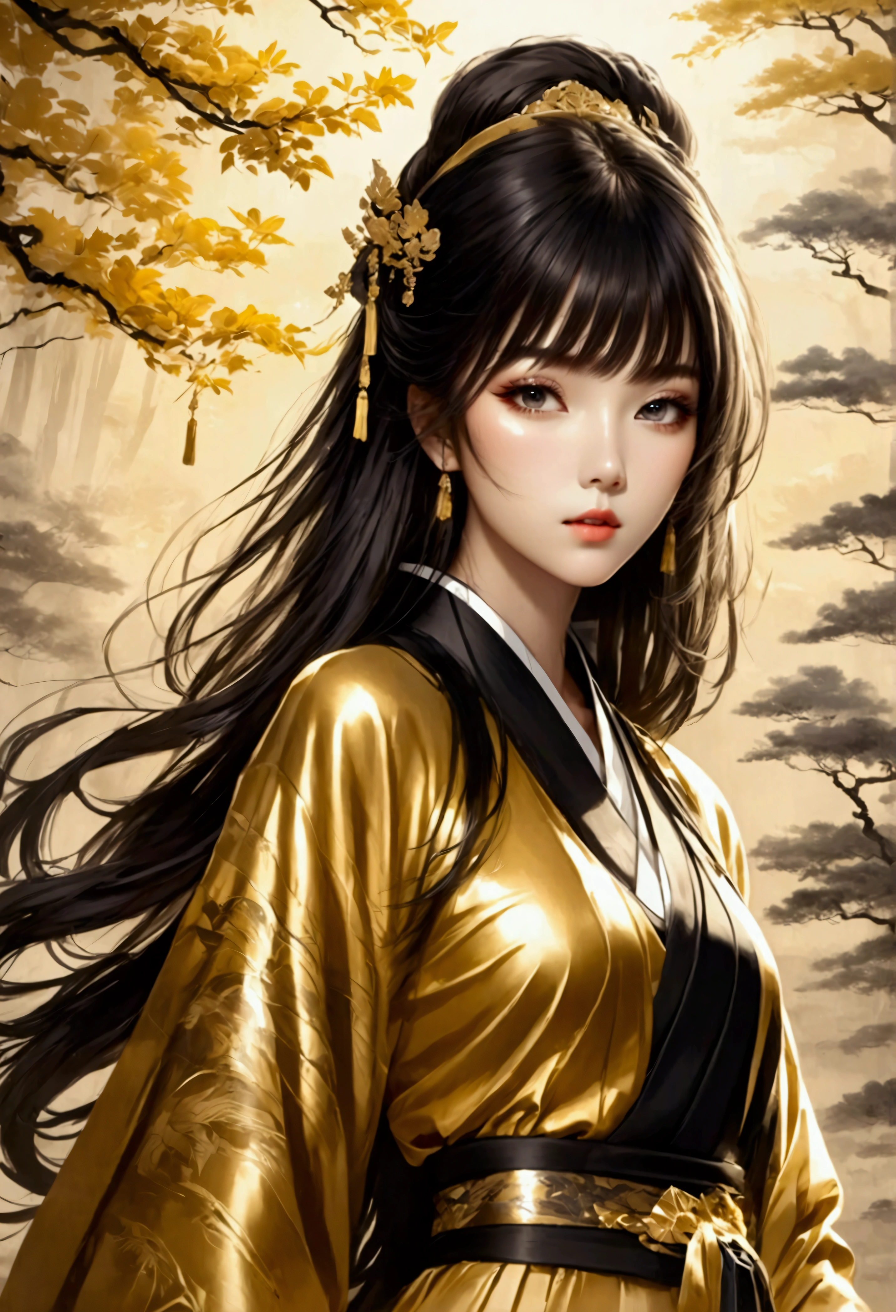 8K, masterpiece, ultra-high definition, full-body image, high contrast, oriental beauty, straight hair with bangs, beautiful eyes with double eyelids, thick lips, Japanese-Western style costume, golden decoration, flashy effects, forest background, Chinese ink painting style, black and white image with gold accents, rough touch