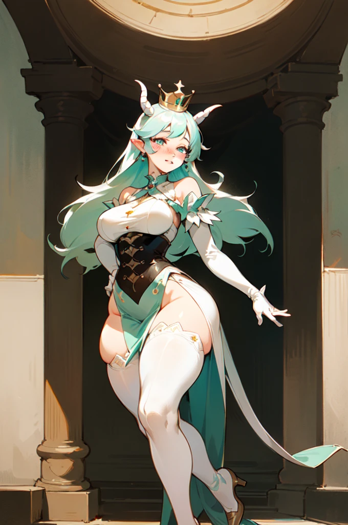 (Best quality,Unbeatable masterpiece:1.4),Ultra-detailed CG 4K,(Ultra-Detailed Clear Absurdly-Vivid Mint Big Eyes:1.2),Gorgeous Round Detailed Face(voluptuous:1.4)(Bimbo: 1.4)(normal waist: 1.2)(Thick lips: 1.3)small-nose(Light smile: 1.2)Rocks,green trees, a plant,Bush, (Shy blush:1.4) Dynamic pose ,1girl, seductive, delicate delicate a fair skin woman long white hair curvaceous with fantasy aesthetic face structure blue eyes skin tight white corset dress big white evening gloves top_open white thigh high stockings wide hips big_breasts horse_ear unicorn_tail big horns flowers in hair no ears mole_under_eye shy expression princess crown full body image