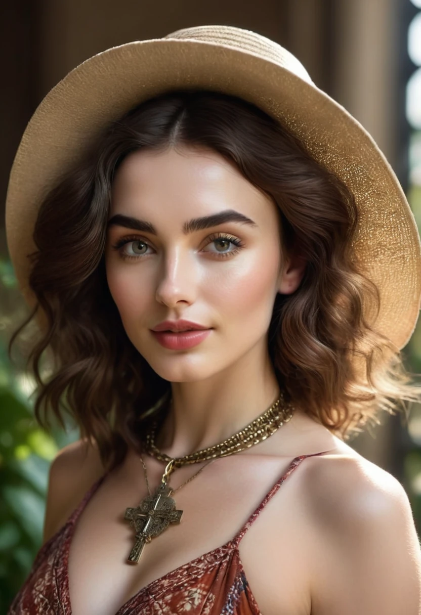 A beautful jewish women with a luscious thick bushy, course unibrow and cute nose. ultra Thick, coaurse, intense, curly, frizzy, long brown hair. Hair that clogs a drain after one shower. Hair you find on pillows and in corners of the room and in your refrigerator six months after the head from which it grew last visited. Hair that could not be straightened even if you had four hours and three hairdressers double-fisting blow driers. Hair that screams: Jew. Boho dress and hat, luxurious long dress、hat. curvy hourglass figure. Ultra HD, the symmetrical face, photorealistic photography, path tracing, specular lighting, and volumetric face light enhance the details. Epic lighting, striking silhouette. crucifix necklace. The symmetrical face, photorealistic photography, path tracing, specular lighting, and volumetric face light enhance the details. The scene is captured in maximum quality, masterpiece, 8K high resolution, and top quality. Lilly Collins. sexy pose, intoxicating smile. crimson lips. in a garden, boho dress, bushy hair