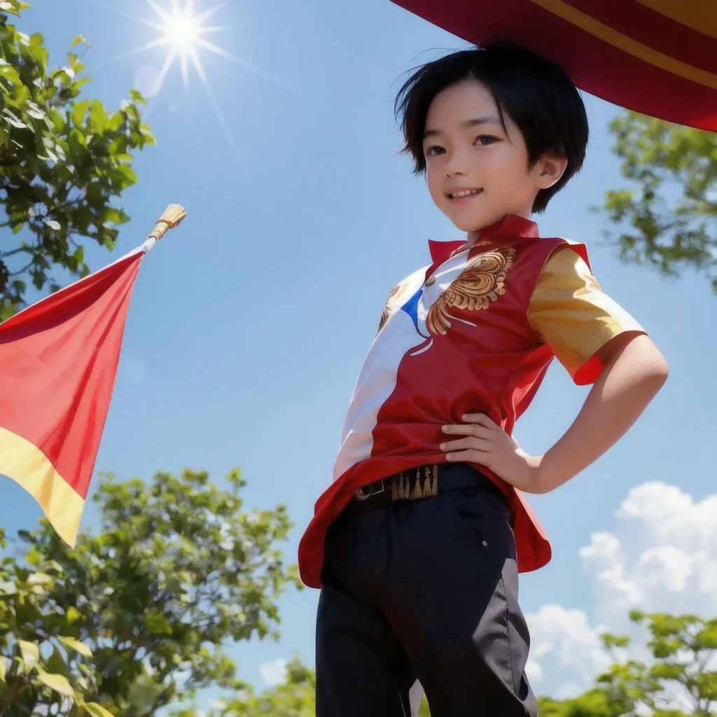Create a vivid and heartwarming image of a young boy holding the Indonesian flag. The boy is around 7 years old, with short black hair and a bright, innocent smile on his face. He is wearing a traditional Indonesian outfit, complete with a batik shirt and comfortable, loose pants. The boy stands proudly, holding the red and white flag of Indonesia high above his head with both hands. The flag flutters gracefully in the wind, showcasing its vibrant colors.

The background should depict a serene and beautiful Indonesian landscape, with lush greenery, perhaps a glimpse of a rice field or a traditional village setting under a clear blue sky. The sunlight bathes the scene in a warm, golden glow, enhancing the feeling of national pride and joy. Capture the essence of Indonesian culture and the spirit of independence through this heartwarming and detailed portrayal.