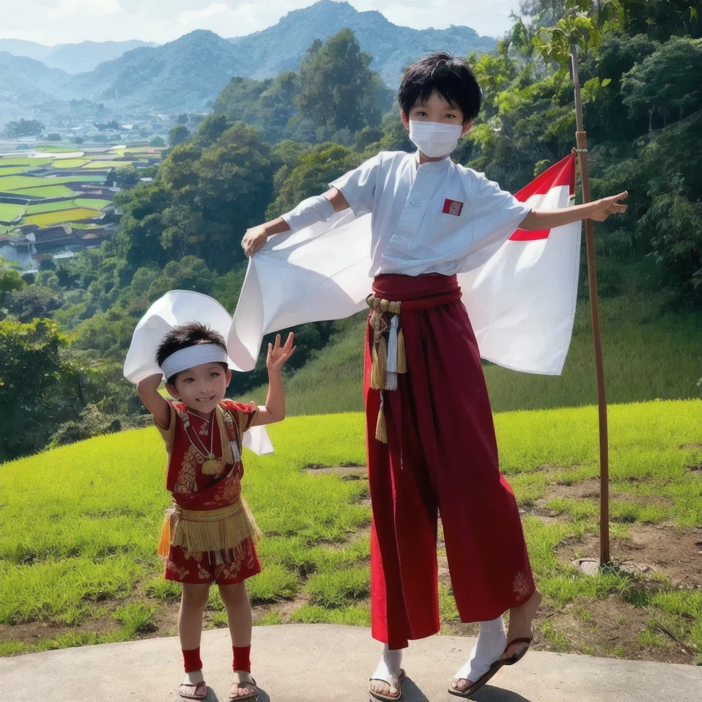 Create a vivid and heartwarming image of a young boy holding the Indonesian flag. The boy is around 7 years old, with short black hair and a bright, innocent smile on his face. He is wearing a traditional Indonesian outfit, complete with a batik shirt and comfortable, loose pants. The boy stands proudly, holding the red and white flag of Indonesia high above his head with both hands. The flag flutters gracefully in the wind, showcasing its vibrant colors.
The background should depict a serene and beautiful Indonesian landscape, with lush greenery, perhaps a glimpse of a rice field or a traditional village setting under a clear blue sky. The sunlight bathes the scene in a warm, golden glow, enhancing the feeling of national pride and joy. Capture the essence of Indonesian culture and the spirit of independence through this heartwarming and detailed portrayal.