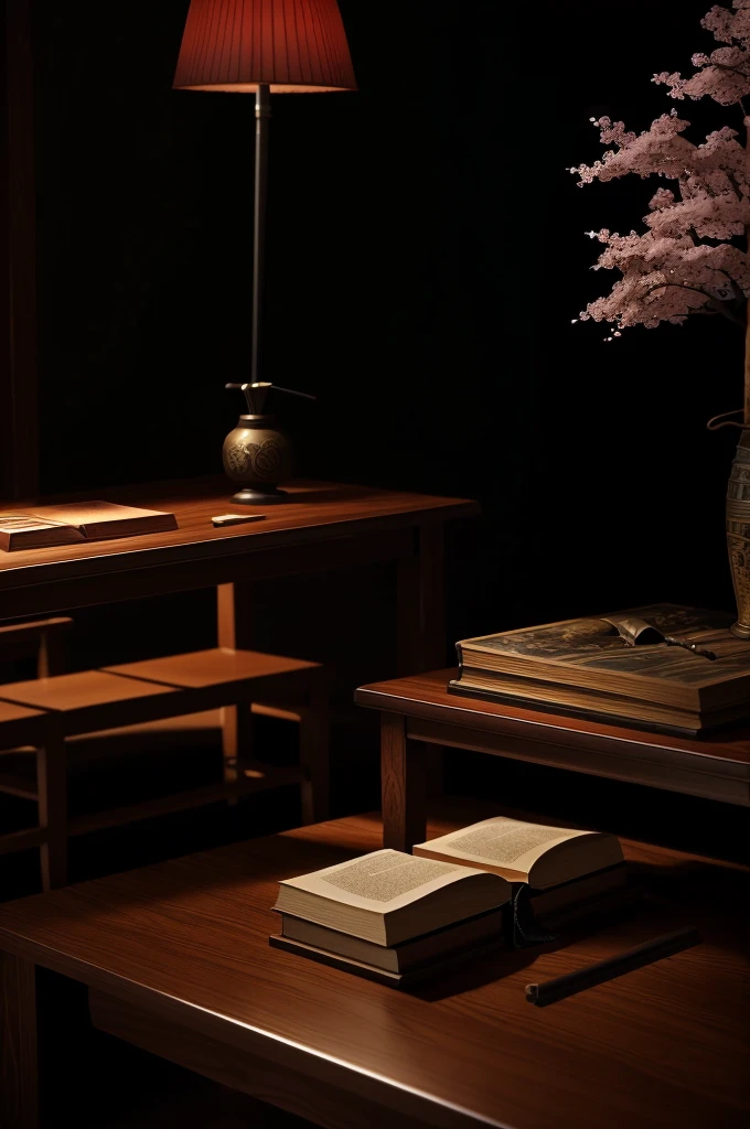 ((ultra realisitic)), (Sakura Tree, katana, nordic sword and a book), (all on top of a low table) (cinematic) (oriental library)