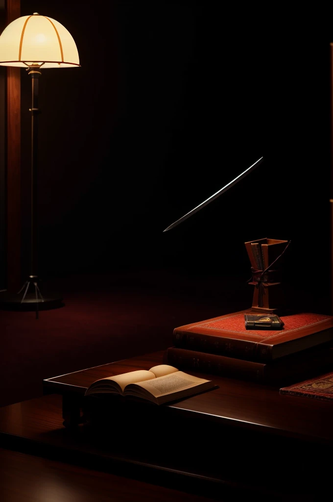 ((ultra realisitic)), (Sakura Tree, katana, nordic sword and a book), (all on top of a low table) (cinematic) (oriental library)