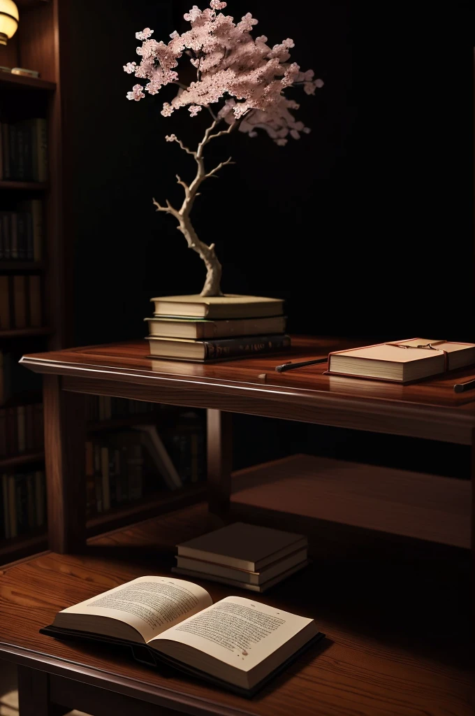 ((ultra realisitic)), (Sakura Tree, katana, nordic sword and a book), (all on top of a low table) (cinematic) (oriental library)