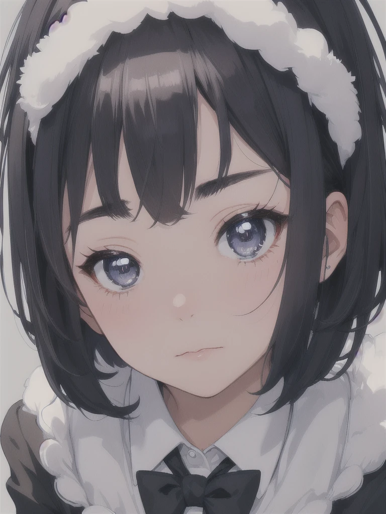 masterpiece, best quality, ultra-detailed, illustration, close-up, straight on, emotionless face, female, fluffy short dark blue hair, black eyes, fluffy short hair, wearing a office suit, a 22 years old girl, blank background, hide hands.