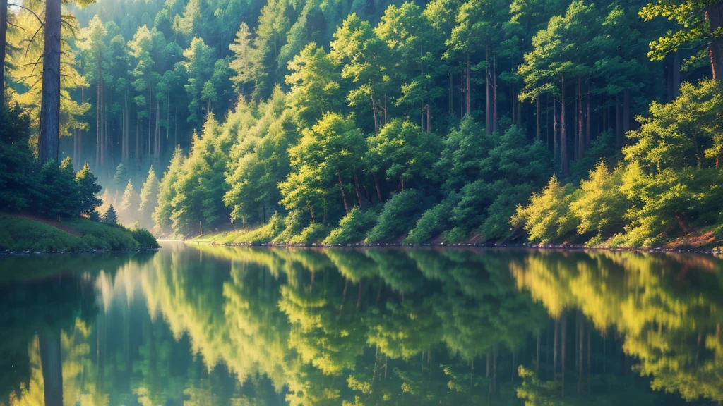 anime style, a scene of a forest with different trees, with lakes, (best quality,4k,8k,highres,masterpiece:1.2),ultra-detailed,(realistic,photorealistic,photo-realistic:1.37),lush green forest,detailed forest landscape,detailed trees and foliage,detailed lake with reflections,serene atmosphere,natural lighting,vibrant colors,serene and calming,magical fantasy
