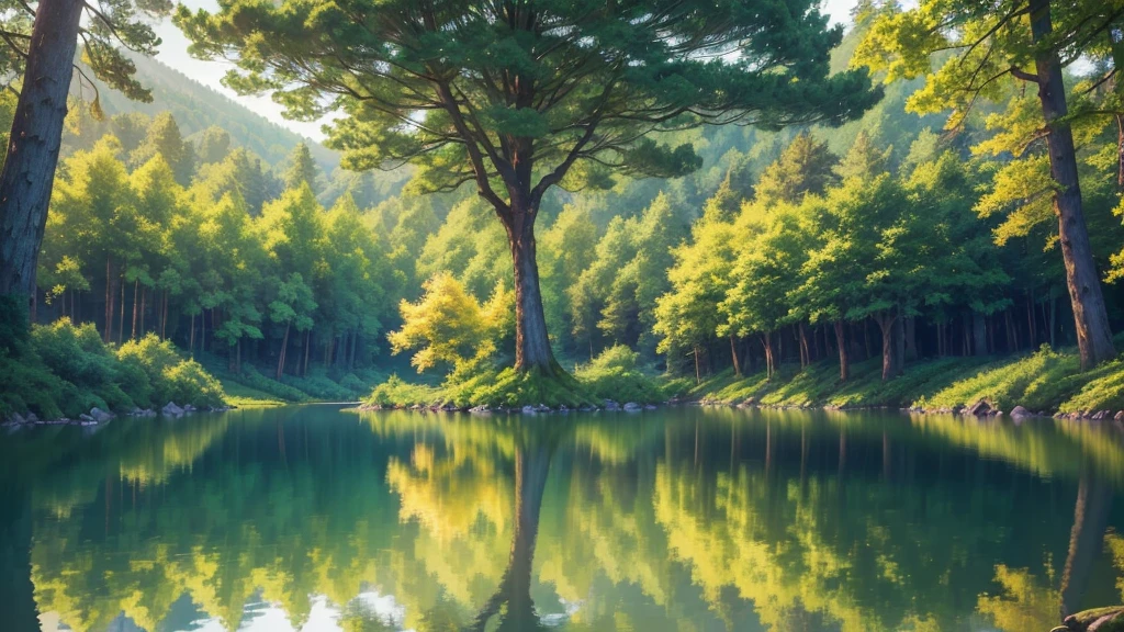 anime style, a scene of a forest with different trees, with lakes, (best quality,4k,8k,highres,masterpiece:1.2),ultra-detailed,(realistic,photorealistic,photo-realistic:1.37),lush green forest,detailed forest landscape,detailed trees and foliage,detailed lake with reflections,serene atmosphere,natural lighting,vibrant colors,serene and calming,magical fantasy