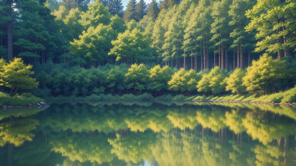 anime style, a scene of a forest with different trees, with lakes, (best quality,4k,8k,highres,masterpiece:1.2),ultra-detailed,(realistic,photorealistic,photo-realistic:1.37),lush green forest,detailed forest landscape,detailed trees and foliage,detailed lake with reflections,serene atmosphere,natural lighting,vibrant colors,serene and calming,magical fantasy