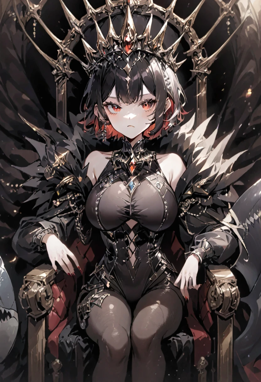 Queen，short hair，Red eyes，Big breasts，Black pantyhose，Jewel swimsuit，Hands at your sides，Black shark tail