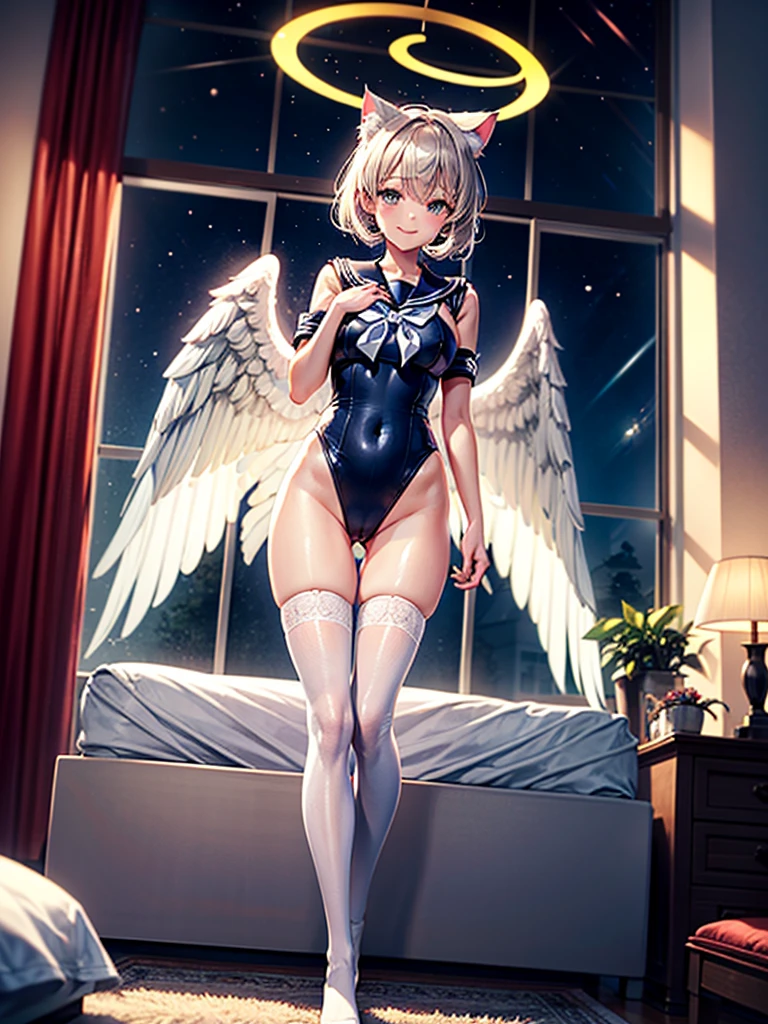 Highest Resolution,Highest quality,Smiling beautiful girl in sailor maid leotard,Knee-high stockings,High leg,(((Put your hands out in front of you))),Very beautiful eyes,White angel wings on your back,Halo,Bedroom,Standing posture,front,whole body,Night view outside the window,Cat ear,