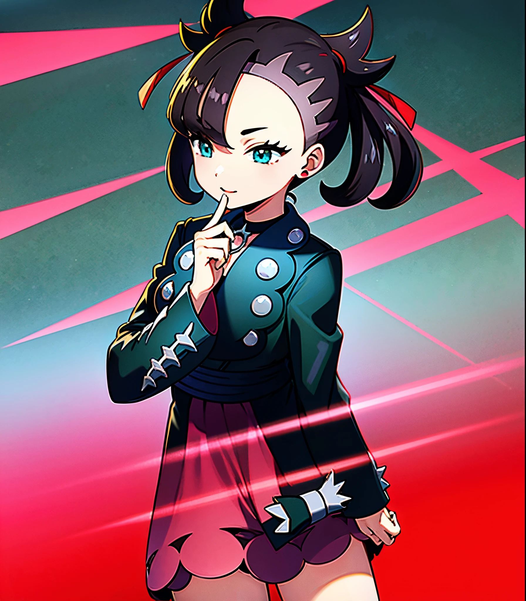 masterpiece, Highest quality, High resolution, Marnie, Aqua Eye, Black choker, Red ribbon, Pink Dress, jewelry, Black jacket, Open clothes, Long sleeve, Cowboy Shot, Are standing, forest, holding Pokéball, Pokéball \(Basic\), smile, Open your mouth,Background is wood々が生い茂るforestです.:1.2,Draw a person in the center of the screen,Depict the top of your head,{{{Perfect hand shape:1.2}}},marnie