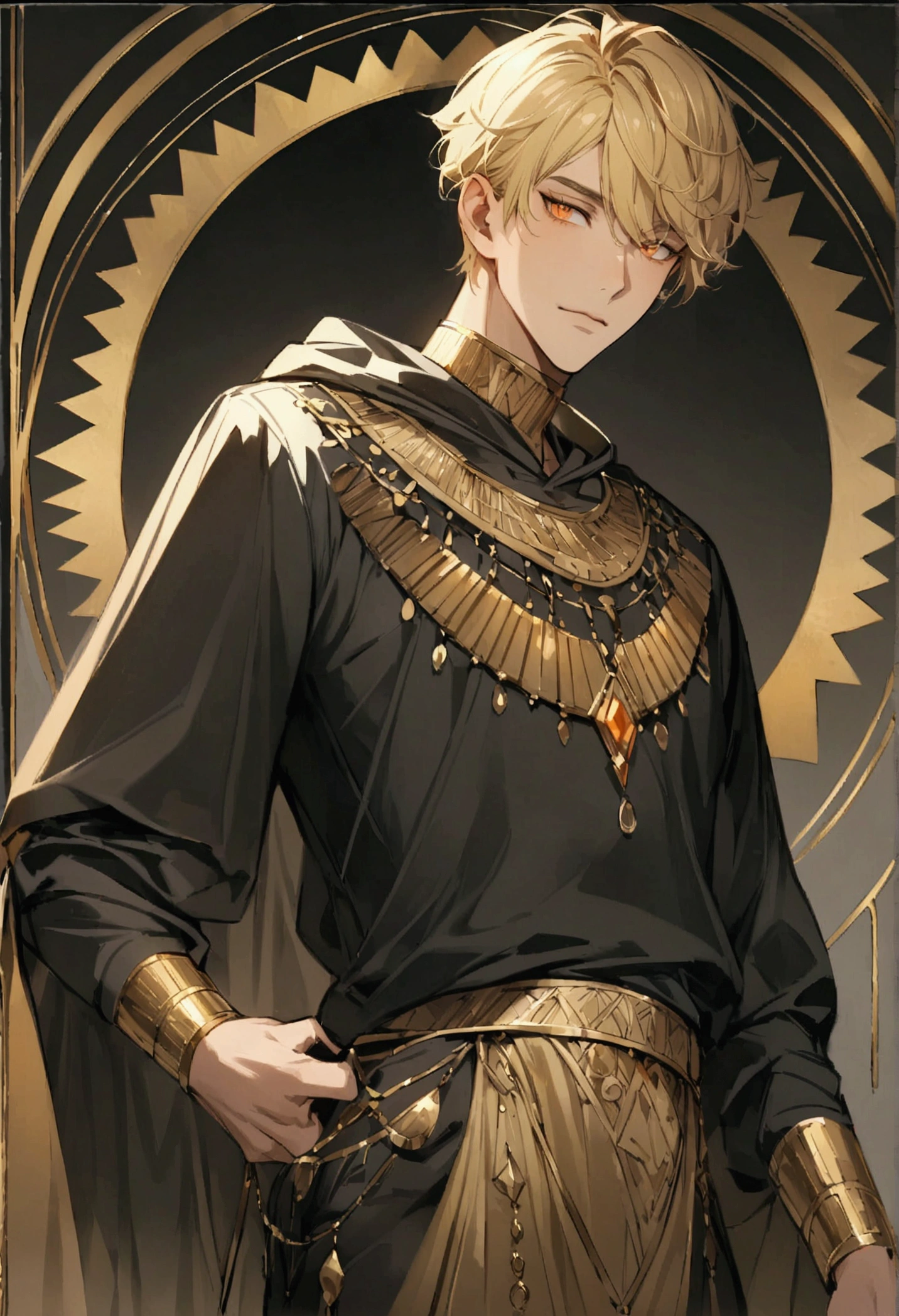 Handsome young man, blond, Orange Eyes, short hair,  Black Hoodie,high quality, Draw Amount, pixiv illustrations，Egyptian Dress Up，Gold Jewelry，Tanned skin