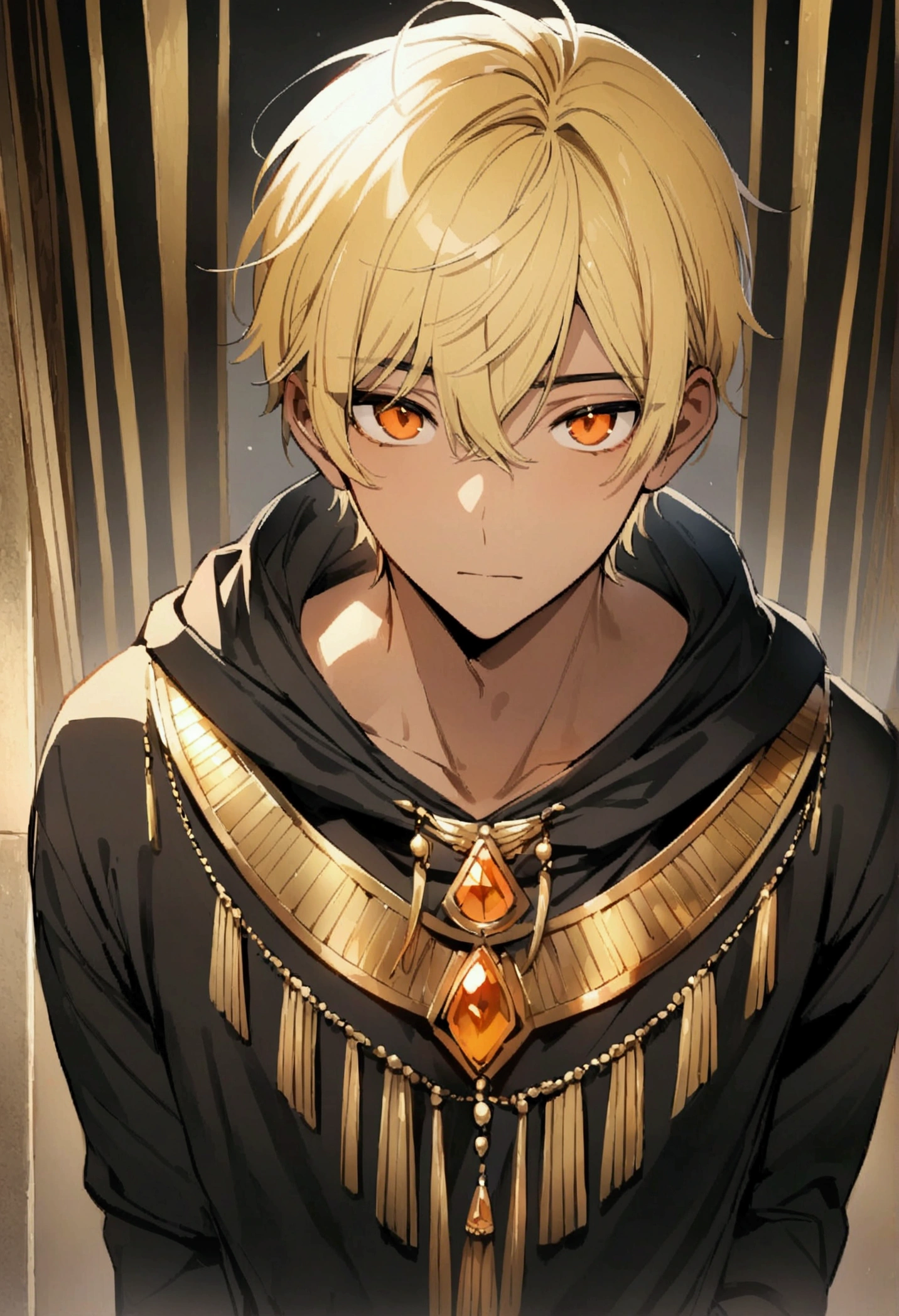 Handsome young man, blond, Orange Eyes, short hair,  Black Hoodie,high quality, Draw Amount, pixiv illustrations，Egyptian Dress Up，Gold Jewelry，Tanned skin