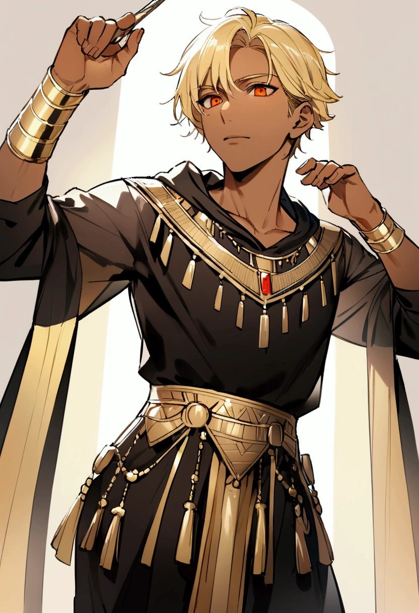 Handsome young man, blond, Orange Eyes, short hair, Black Hoodie,high quality, Draw Amount, pixiv illustrations,Egyptian Dress Up,Gold Jewelry,Tanned skin
