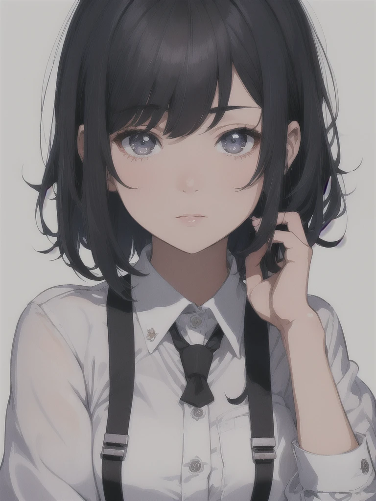 masterpiece, best quality, ultra-detailed, illustration, close-up, straight on, emotionless face, female, fluffy short dark blue hair, black eyes, fluffy short hair, wearing a office suit, a 22 years old girl, blank background, hide hands.