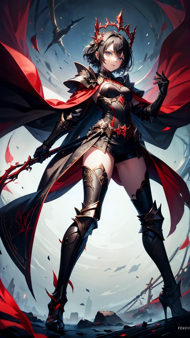 Masterpiece, high quality, super detailed, wallpaper, woman, full body, black armor with black and red details, viewed from below, looking at the viewer, fit body, heels with black thorns, black and red short thorn crown, very short black hair, blue eyes, red lips, black eye makeup, black cape with black embroidery, angry look, stunning, in various poses, open hands, armored, detailed face, black background, small , no nude