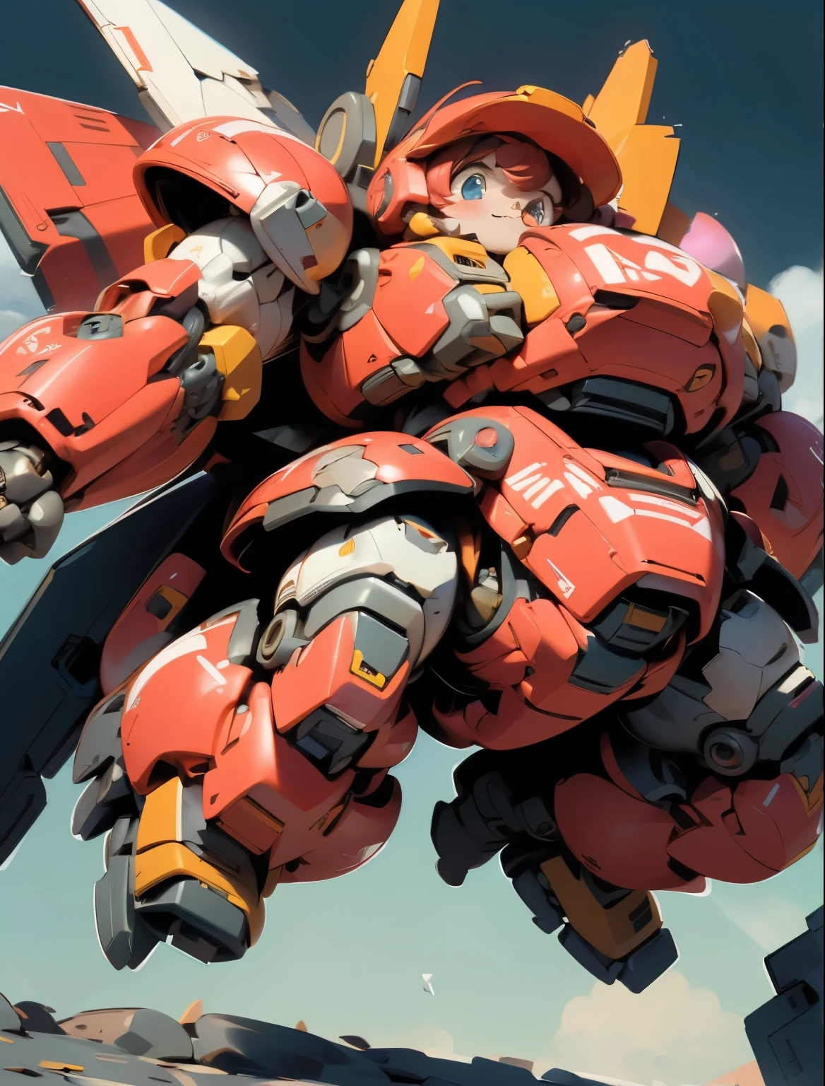 (((1 chibi girl in large red-colored robot costume, from below))), ssmile, (holding weapons), (chibi), (bulky:1.8), (((helmet:1.5))), large cute face, (((looking down:1.5))), mechanical parts, ((mechanical wings)), (full armor:1.8), (mecha armor:1.8), (shoulder guards:1.2),(huger arms), ((mechanical arms:1.5)), (short legs), (huger body:1.8), (heavy equipment:1.6), (from below), (headgear), blue sky, white clouds, robot joints, becoming a mecha, mecha, (RARS), (HRS), ROBOTANIMESTYLE, BJ_Cute_Mech,cute, girl BREAK ((masterpiece)), vibrant colors, 8k, best quality, ultra detailed illustration, ((best quality)), ((high resolution)), flawless skin textures, shiny oiled skin, extremely detailed anime eyes , extreme light and shadow