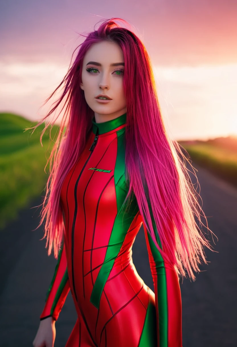 raw photo, fashion photography of cute girl, green eyes, (very long streaked green/pink hair:1.3) ((dynamic hairstyle)) in high detailed textured Evangelion red plugsuit, sunset light passing through hair, (random background), depth of field. M.ia