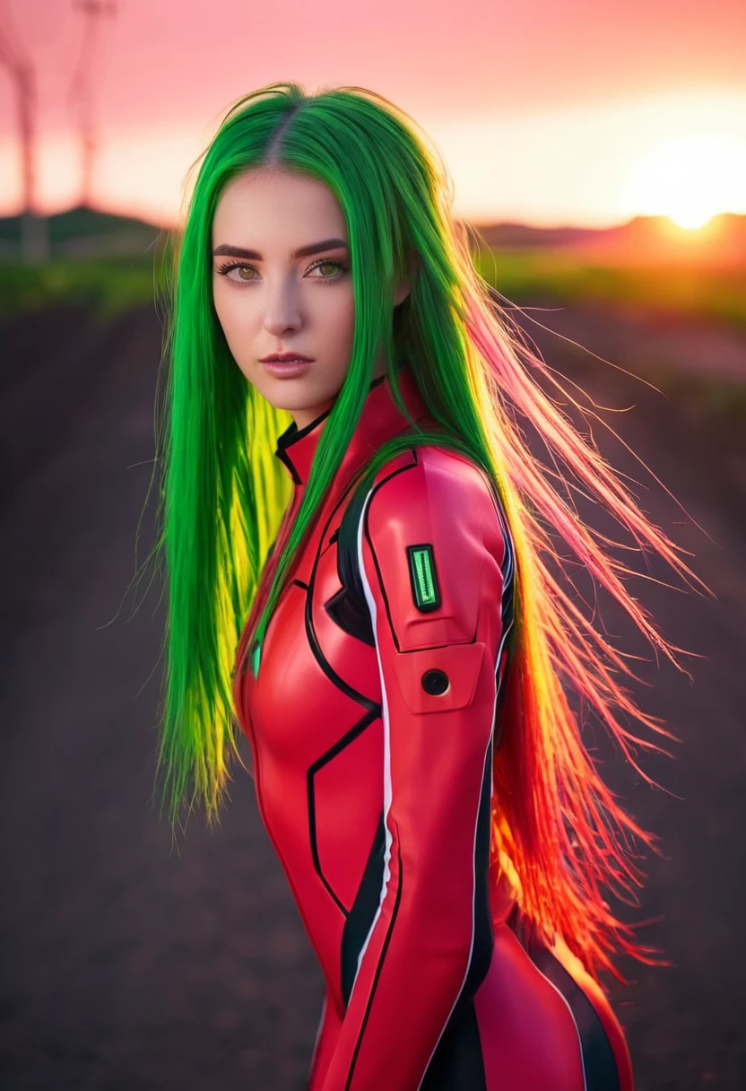 raw photo, fashion photography of cute girl, green eyes, (very long streaked green/pink hair:1.3) ((dynamic hairstyle)) in high detailed textured Evangelion red plugsuit, sunset light passing through hair, (random background), depth of field. M.ia