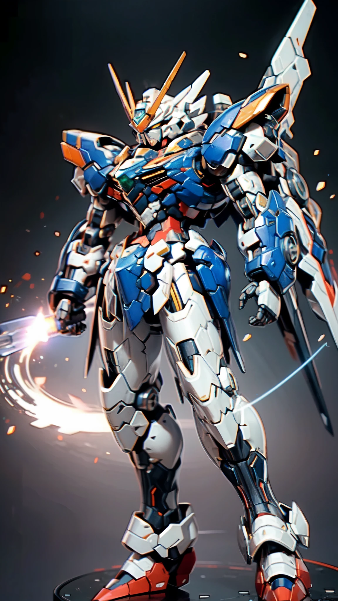 (masterpiece:1.5, best quality:1.5, extremely delicate:1.5), humanoid Mecha, fully enclosed shoulder guards, matching arm and leg guards, full body, full armor, the design balances heavy with agility, (the color scheme is primarily white with red and blue accents, the concept Inspired by Super robot, organic biotech armor, standing, floating high above the futuristic sci-fi city), exquisite and mature art style, (aura effect, energy, glowing eyes, the armor glows), ((RRS:1.2)), metallic, dramatic, high definition, highres, ultra-detailed, ultra-fine painting, professional, perfect body proportions, anatomically correct, symmetrical face, extremely detailed eyes and face, high quality eyes, creativity, RAW photo, UHD, 32k, Natural light, cinematic lighting, masterpiece-anatomy-perfect